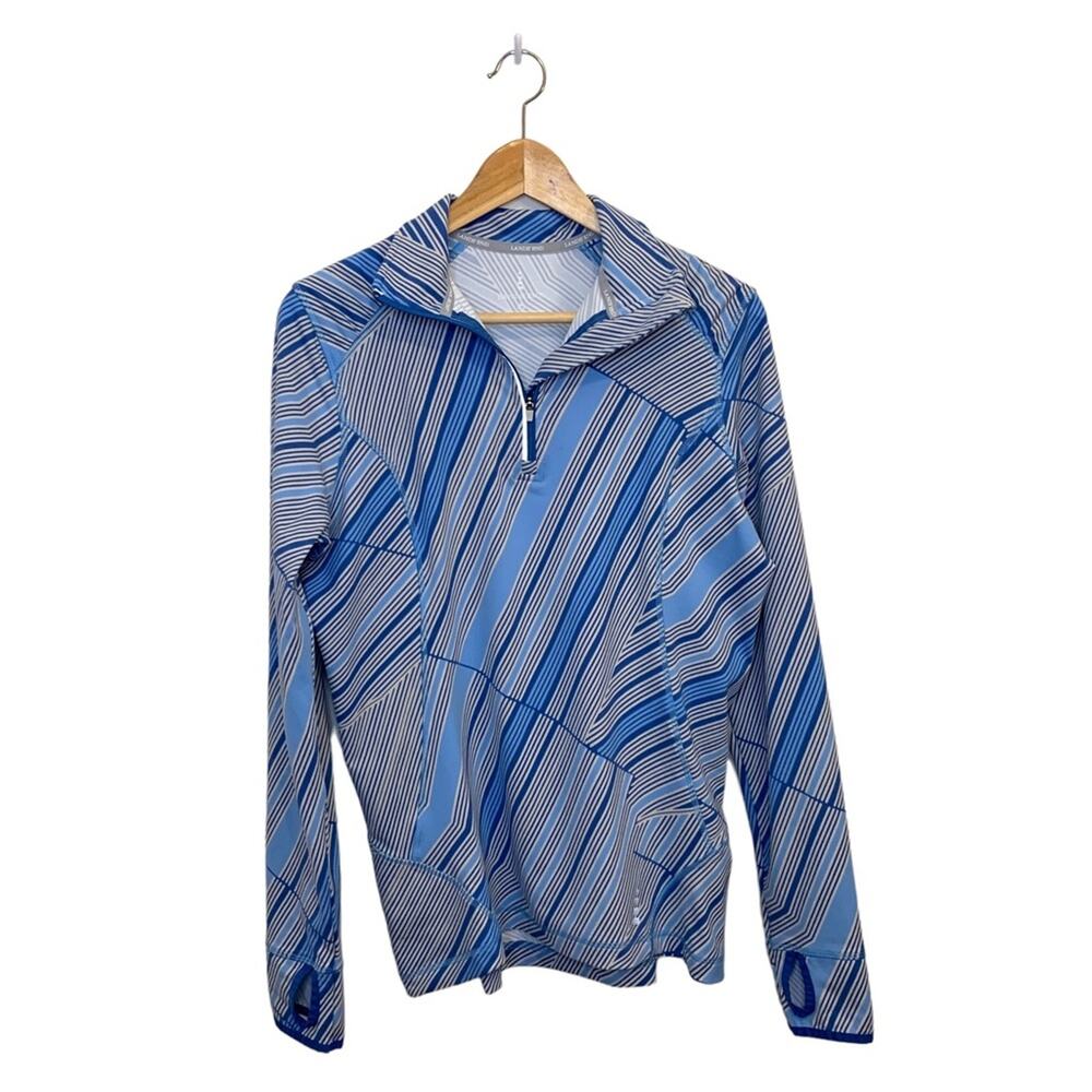 Lands' End Women's Athletic Running Quarter Zip Pullover Blue Stripes Medium